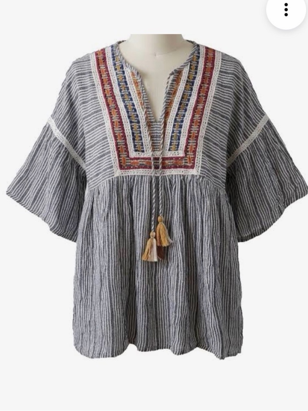 Sweet Magnolia Embroidered Boho Striped Peasant Tunic Small